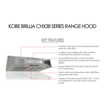 Kobe Chx3830Sqbd3 Brillia 30Inch Ductless Under Cabinet Range Hood 3Speed 400 Cfm Led Lights Baffle Filters