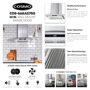 Cosmo Cos668As750 30 In Wall Mount Range Hood With 380 Cfm Curved Glass Ducted Convertible Ductless Additional Filters Need