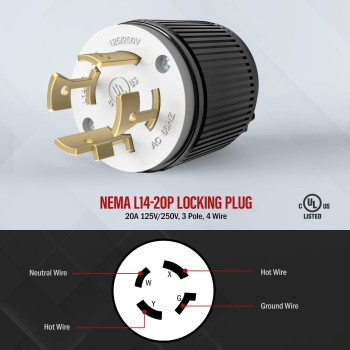 Enerlites Nema L1420P Locking Plug Connector For Generator Twist Lock Male Plug 20 Amp 125250 Volt 3 Pole 4 Wire Groundin