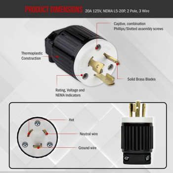 Enerlites Nema L520P Locking Plug Connector For Generator Twist Lock Male Plug 20 Amp 125 Volt 2 Pole 3 Wire Grounding In