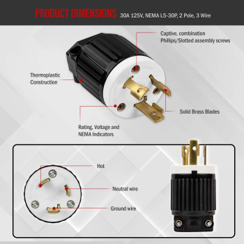 Enerlites Nema L530P Locking Plug Connector For Generator Twist Lock Male Plug 30 Amp 125 Volt 2 Pole 3 Wire Grounding In