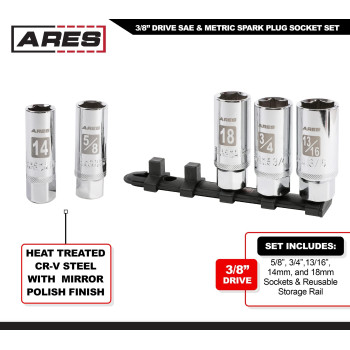 Ares 110075Piece High Visibility 38Inch Drive Sae Metric Spark Plug Socket Set Heat Treated Crv Steel Mirror Polish Soc