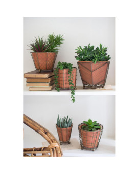 Set Of Five Terracotta Planters W Wire Wrap & Brass Detail