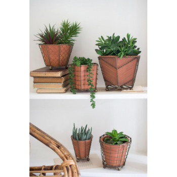 Set Of Five Terracotta Planters W Wire Wrap & Brass Detail