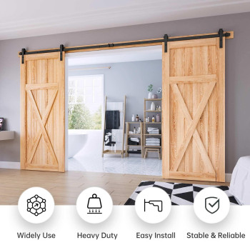 Easelife 12 Ft Double Door Sliding Barn Door Hardware Track Kit Basic J Pulley Heavy Duty Slide Smoothly Quietly Easy Install 1