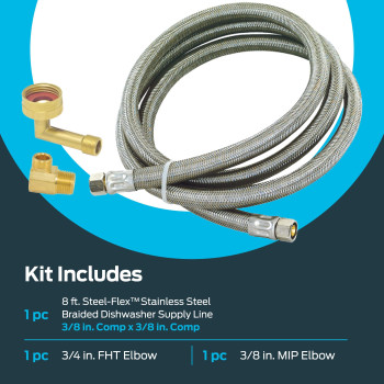 Eastman Dishwasher Installation Kit 8 Foot Supply Line With 38 Inch Compression Ends 38 Inch Mip Elbow And 34 Inch Fht Elbo