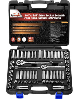 Epauto 69 Pieces 14 38 Drive Socket Set With Pear Head Ratchet Chrome 92824