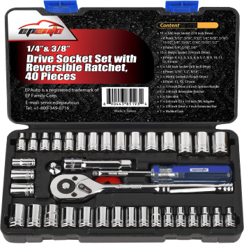 Epauto 40 Pieces 14Inch 38Inch Drive Socket Set With 72 Tooth Reversible Ratchet