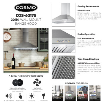 Cosmo 63175 30 In Wall Mount Range Hood With Efficient Airflow Ducted 3Speed Fan Permanent Filters Led Lights Chimney Sty