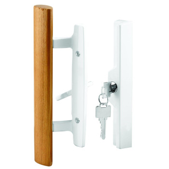 Primeline C 1316 Patio Door Handle Set 31516 In Diecast Wood Pull White Mortise Keyed Single Pack