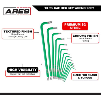 Ares 7016613Piece Extra Long Arm Star Key Wrench Set Chrome Finish With Green High Visibility Antislip Coating Convenient