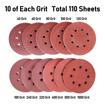 Lotfancy Sanding Disc 5 Inch 8 Hole 110Pcs 40 60 80 100 120 180 240 320 400 800 1000 Grit Assorted Sand Paper Hook And Loop