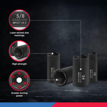 Neiko 02475A 12 Drive Deep Impact Socket Set 14 Piece 6 Point Metric Sizes 1132 Mm Crv Steel