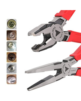 Vampliers 2Piece Screw Extractor Pliers Set 75 Long Nose 8 Heavy Duty Linesman Pliers High Carbon Steel Great For Re