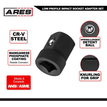 Ares 70198 Low Profile Impact Socket Adapter Set Impactrated Heattreated Chrome Vanadium Steel Features Knurling For Enhan