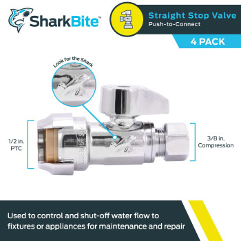 Sharkbite 12 X 38 Inch Compression Straight Stop Valve Pack Of 4 Quarter Turn Push To Connect Brass Plumbing Fitting Pex P