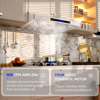 Ekon 30 Inches Under Cabinet Range Hood 900 Cfm Stainless Steel Kitchen Chimney Vent 4 Speed Touch Screen Control With Remote