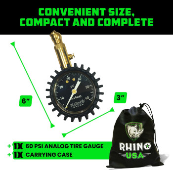 Rhino Usa Heavy Duty Tire Pressure Gauge 060 Psi Certified Ansi B401 Accurate Large 2 Easy Read Glow Dial 360 Swivel H