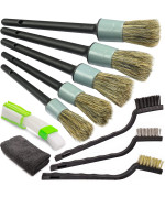 Takavu Car Detailing Brush Natural Boar Hair Set 5Pcs Detail Brushes 3Pcs Wire Brush Air Conditioner Brush Microfiber Towel