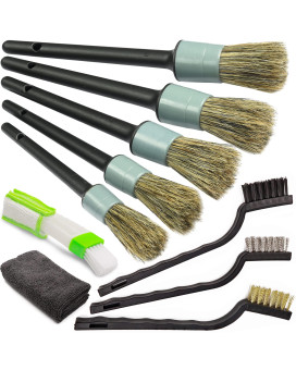 Takavu Car Detailing Brush Natural Boar Hair Set 5Pcs Detail Brushes 3Pcs Wire Brush Air Conditioner Brush Microfiber Towel