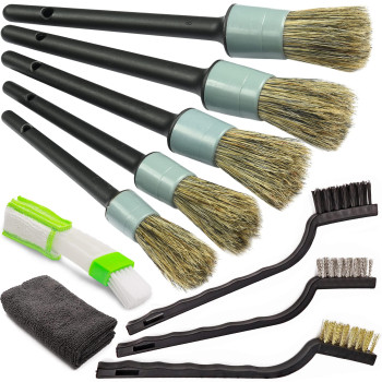 Takavu Car Detailing Brush Natural Boar Hair Set 5Pcs Detail Brushes 3Pcs Wire Brush Air Conditioner Brush Microfiber Towel