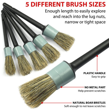 Takavu Car Detailing Brush Natural Boar Hair Set 5Pcs Detail Brushes 3Pcs Wire Brush Air Conditioner Brush Microfiber Towel