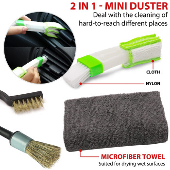 Takavu Car Detailing Brush Natural Boar Hair Set 5Pcs Detail Brushes 3Pcs Wire Brush Air Conditioner Brush Microfiber Towel