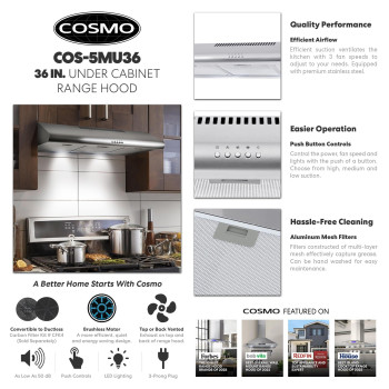 Cosmo Cos5Mu36 Under Cabinet Range Hood Ductless Convertible Duct Slim Kitchen Stove Vent With 3 Speed Exhaust Fan Reusable