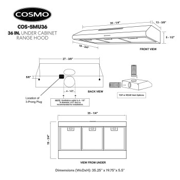 Cosmo Cos5Mu36 Under Cabinet Range Hood Ductless Convertible Duct Slim Kitchen Stove Vent With 3 Speed Exhaust Fan Reusable