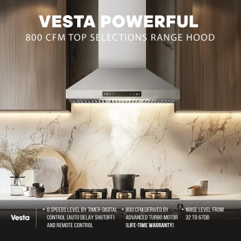 Vesta 800Cfm 30 Stainless Steel Wall Mounted Range Hood 6 Speeds Touch Screen And Gesture Control 6 Top Round Vent Baffle