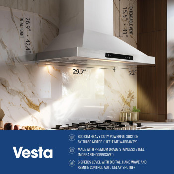 Vesta 800Cfm 30 Stainless Steel Wall Mounted Range Hood 6 Speeds Touch Screen And Gesture Control 6 Top Round Vent Baffle