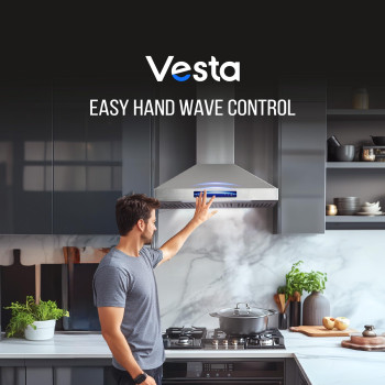 Vesta 800Cfm 30 Stainless Steel Wall Mounted Range Hood 6 Speeds Touch Screen And Gesture Control 6 Top Round Vent Baffle