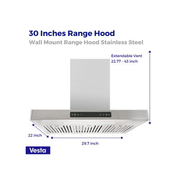 Vesta 800Cfm 30 Stainless Steel Wall Mounted Range Hood 6 Speeds Touch And Gesture Control 6 Top Round Vent Reusable Baffle