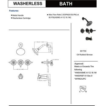 Designers Impressions 651701 Oil Rubbed Bronze Tub Shower Combo Faucet Three Handle Design And Multisetting Shower Head Con