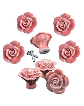 Dld Knobs 8Pcs Elegant Pink Rose Pulls Flower Ceramic Cabinet Knobs Cupboard Drawer Pull Handles Scre