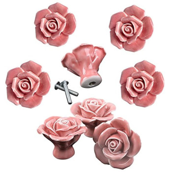 Dld Knobs 8Pcs Elegant Pink Rose Pulls Flower Ceramic Cabinet Knobs Cupboard Drawer Pull Handles Scre