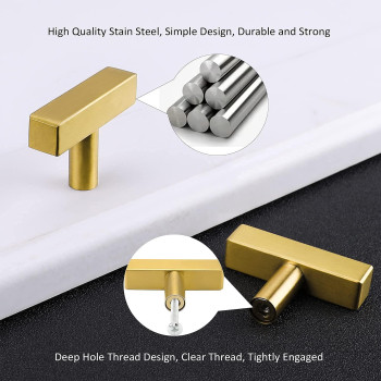 Goldenwarm 5Pack Gold Cabinet Pulls Kitchen Hardware Drawer Knobs Ls1212Gd Brushed Brass Square T Bar Cabinet Knobs Single Hole