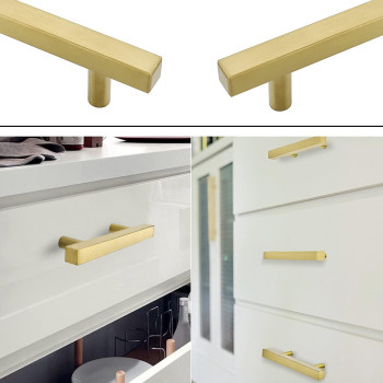 Goldenwarm 5Pack Gold Cabinet Pulls Kitchen Hardware Drawer Knobs Ls1212Gd Brushed Brass Square T Bar Cabinet Knobs Single Hole