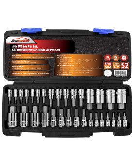 Epauto 32 Pcs Hex Bit Socket Set Sae And Metric S2 Crv Steel