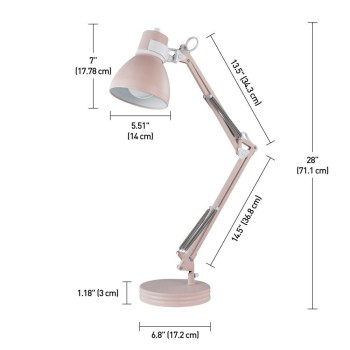 Globe Electric 52028 28 Swing Arm Desk Lamp Matte Rose Matte White Accents Onoff Rotary Switch Partially Adjustable Swing