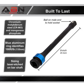 Abn 12In Drive 8In Long Torque Socket Extension Bar 100 Ftlb Crmo With Blue Colorcoded Aluminum Ring