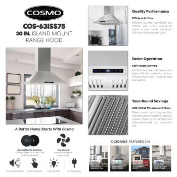 Cosmo Cos63Iss75 Island Range Hood With 3Speed Fan 380 Cfm Permanent Filters Led Lights Soft Touch Controls Ducted Kitche