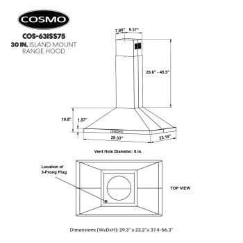 Cosmo Cos63Iss75 Island Range Hood With 3Speed Fan 380 Cfm Permanent Filters Led Lights Soft Touch Controls Ducted Kitche