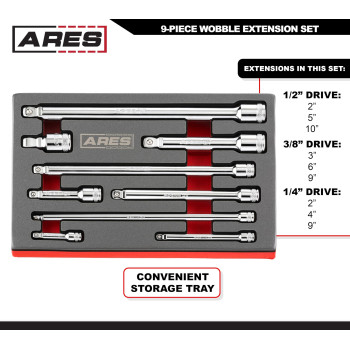 Ares 703309Piece Wobble Extension Set Premium Chrome Vanadium Steel Construction 14Inch 38Inch And 12Inch Drive Siz