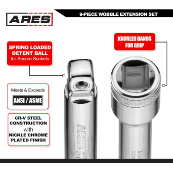 Ares 703309Piece Wobble Extension Set Premium Chrome Vanadium Steel Construction 14Inch 38Inch And 12Inch Drive Siz