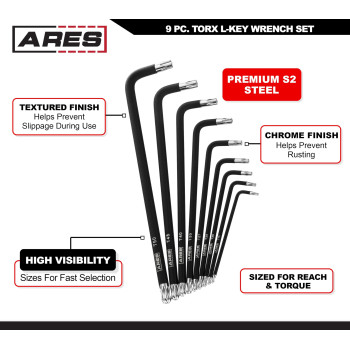 Ares 70257 Extra Long Ball End Torx Lkey Set 9Piece Set Includes Sizes T10T50 Antislip Textured Black Coating Premiu