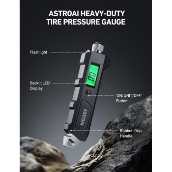 Astroai Digital Tire Pressure Gauge 230 Psi 4 Settings Heavy Duty For Car Bicycle With Larger Backlit Lcd Flashlight And Nonsl