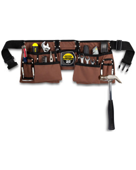 11 Pocket Brown And Black Heavy Duty Construction Tool Belt Work Apron Tool Pouch With Poly Web Belt Quick Release Buckle A