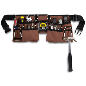 11 Pocket Brown And Black Heavy Duty Construction Tool Belt Work Apron Tool Pouch With Poly Web Belt Quick Release Buckle A