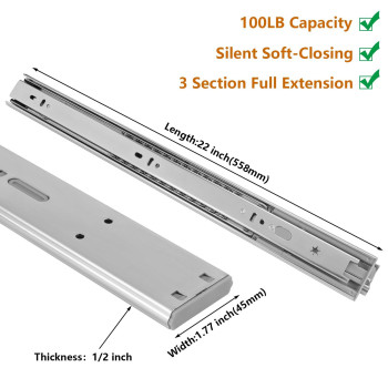 Lontan 1 Pair Heavy Duty Drawer Slides 22 Inch Soft Close Ball Bearing Drawer Slides 4502S322 Drawer Rails Heavy Duty 100 Lb